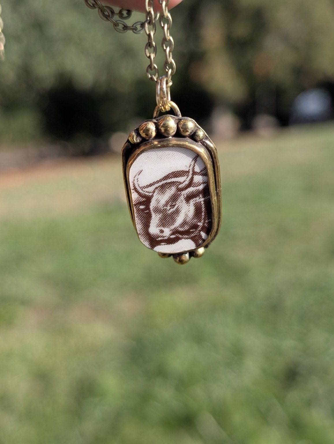 Handmade brass pendant with a reclaimed china bull illustration, hanging against an outdoor green background.